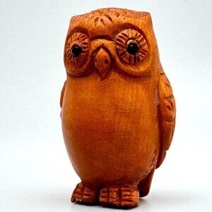 Ojime Bead Netsuke Owl Hand-Carved Boxwood  Signed Figurine